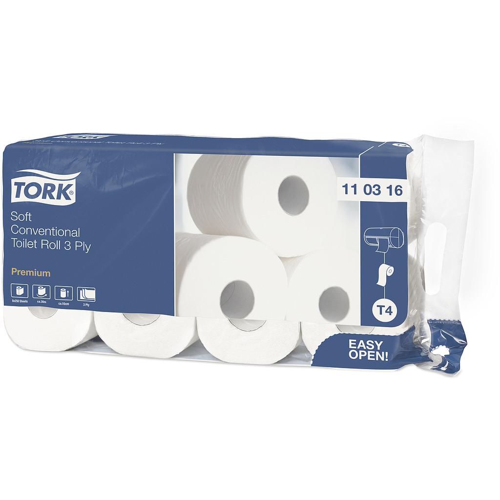 Tork Papier Toilette Rouleau Traditionnel 3 plis Blanc 250 Coupons T4 Premium 9 x 8